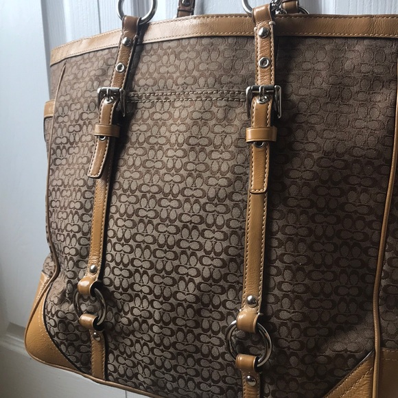 Coach Signature Jacquard Tan Canvas Leather Tote - Picture 3 of 6